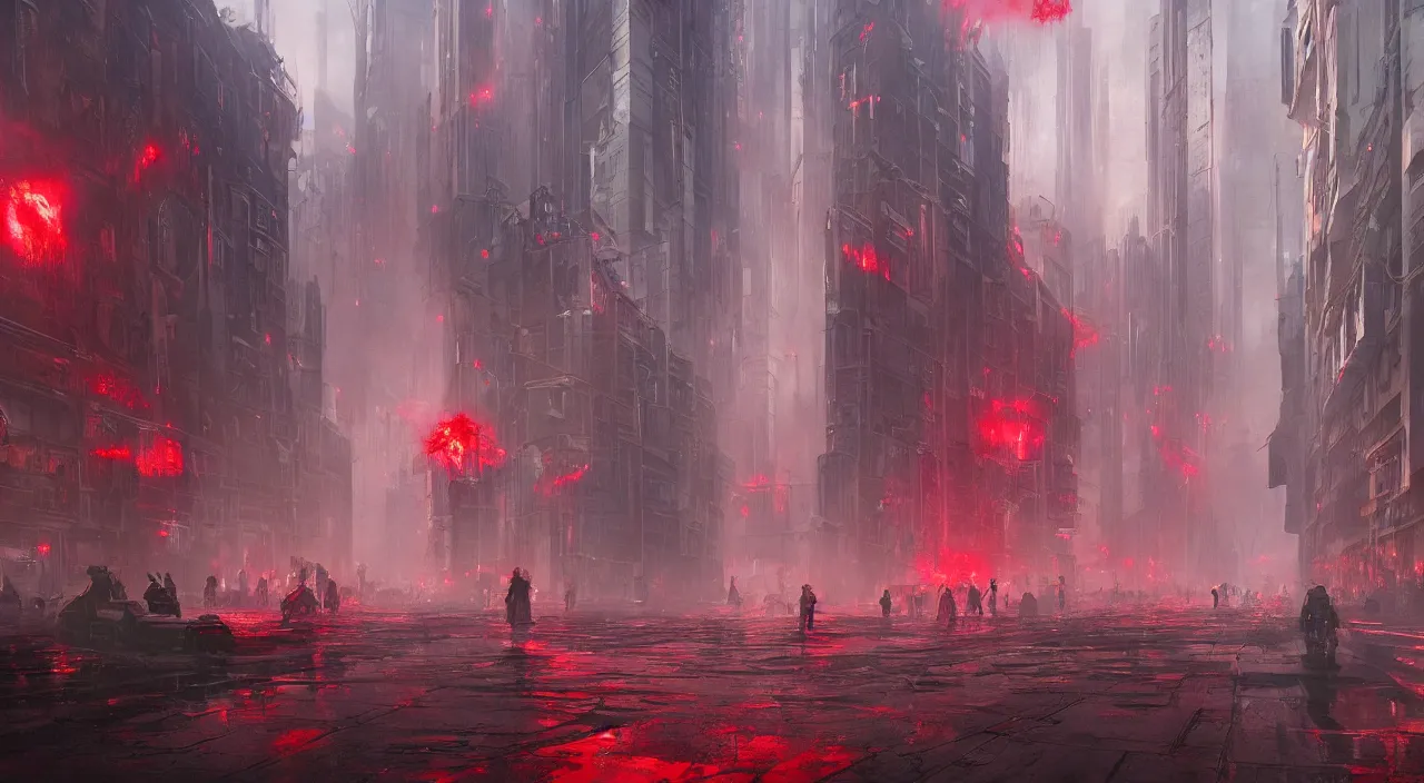 Prompt: A digital matte painting of a street level view of a a sci-fi city being overrun by massive blood-red tendrils, by Greg Rutkowski, trending on artstation