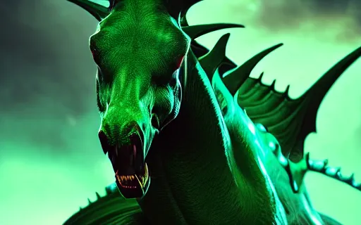 Prompt: an epic fantasy comic book style portrait painting of an giant abyssal green alien horse, menacing. unreal 5, daz, hyperrealistic, octane render, cosplay, rpg portrait, dynamic lighting