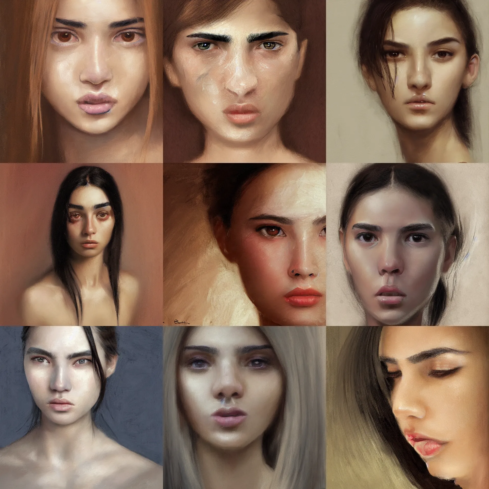 Prompt: digital art portrait painting of a 2 0 years old white skin young latino woman, long black free straight hair, thick eyebrows, very small eyes, small straight nose, strong defined jaw, thin lips, brown eyes, painted by craig mullins and gaston bussiere and greg rutkowski, symmetrical facial features, symmetrical face, defined facial features, beautiful face, dramatic lighting