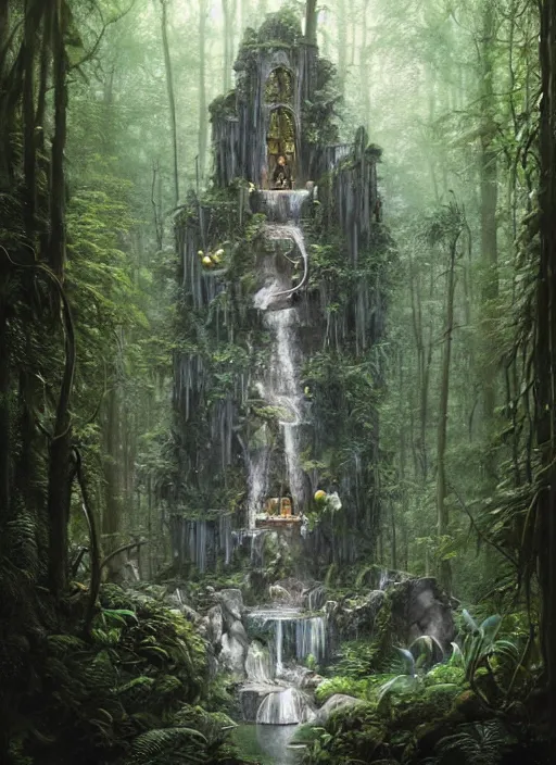 Image similar to a hyper realistic architectural witch shrine under a waterfall in the woods, gorgeous lighting, lush forest foliage, painting by chiara bautista and tom bagshaw, muca beksinski and norman rockwell and greg rutkowski weta studio, and lucasfilm