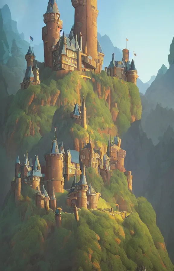 Prompt: magical castle school on a hill, dreamworks, textured, sharp focus, highly detailed, james gilleard, ralph mcquarrie, print, game art