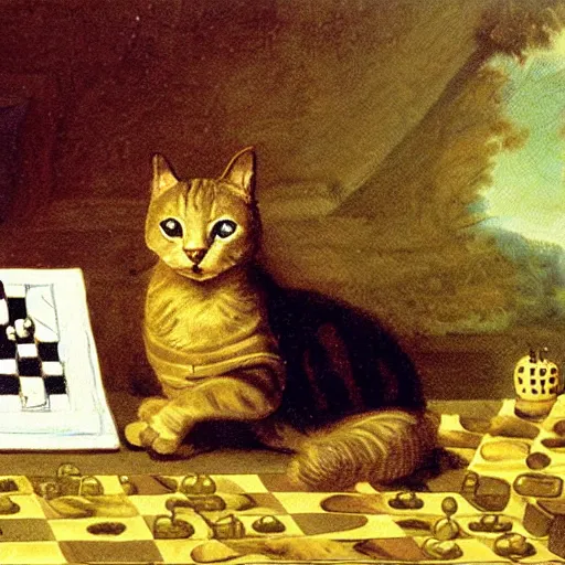 Image similar to cat playing chess looking wise, rococo oil painting