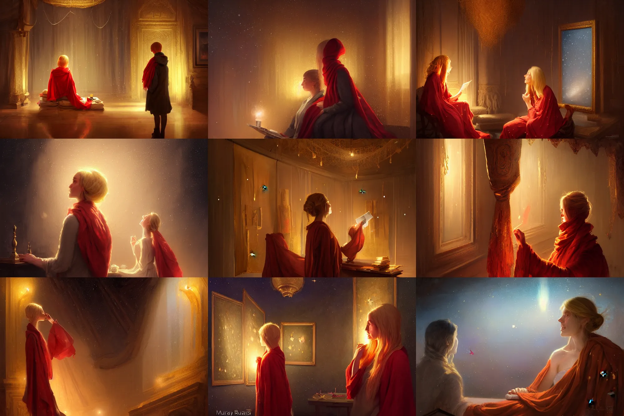 Prompt: museum curator with golden hair and a red scarf looking at image portraits on museum walls with stars and hanging silk drapery and tapestries, light dust, magnificent, close up, sharp focus, elegant, highly detailed, illustration, by jordan grimmer greg rutkowski wlop maya takamura, intricate, trending artstation, pixiv, digital art