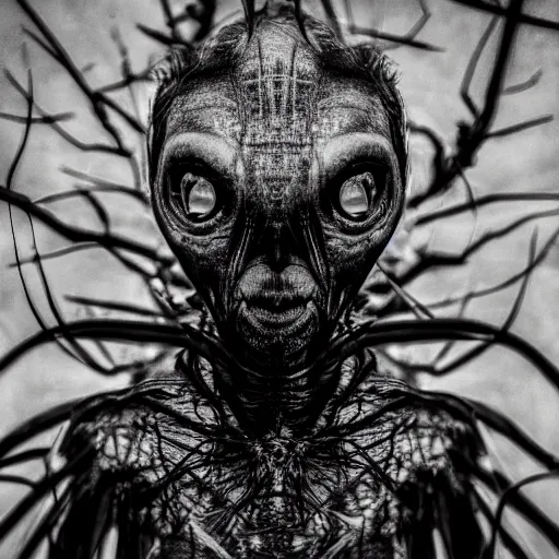 Image similar to artistic photoshoot of a mothan hybrid, grotesque, body horror, mutant shaming, creepy, terrifying, 8 k hdr 8 0 mm wide angle portrait, high contrast black and white, insectoid n