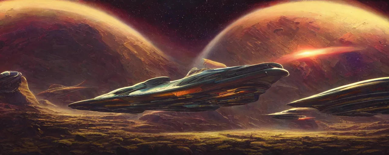 Image similar to stylish spaceship in retro scifi landscape, beautiful colours, sharp textures, nikolay georgiev, alex ross, bruce pennington, donato giancola, larry elmore, masterpiece, oils on canvas, trending on artstation, featured on pixiv, cinematic composition, sharp, details, hyper - detailed, hd, hdr, 4 k, 8 k