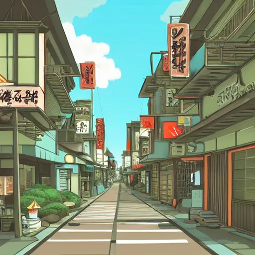 Prompt: japanese town, neighborhood, surreal neighborhood, street view, modern neighborhood, japanese city, underground city, modern city, tokyo - esque town, 2 0 0 1 anime, cel - shading, compact buildings, sepia sunshine