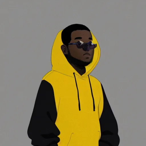Prompt: portrait of black man wearing a yellow hoodie studio ghibli, fantasy, medium shot, asymmetrical, intricate, elegant, matte painting, illustration,