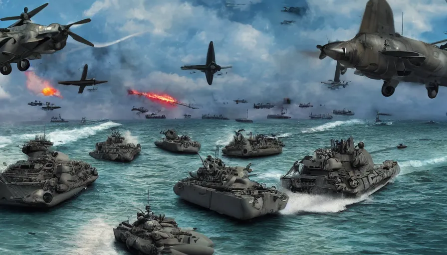 Image similar to d - day on miami beach, war, troops, boats, planes, explosions, hyperdetailed, artstation, cgsociety, 8 k