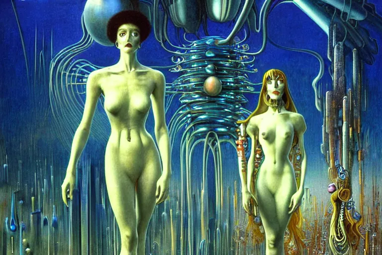 Prompt: realistic extremely detailed portrait painting of a ghost woman posing with anthropomorphic supercomputer robot, futuristic sci-fi city on background by Jean Delville, Amano, Yves Tanguy, Alphonse Mucha, Ernst Haeckel, Edward Robert Hughes, Roger Dean, rich moody colours, blue eyes