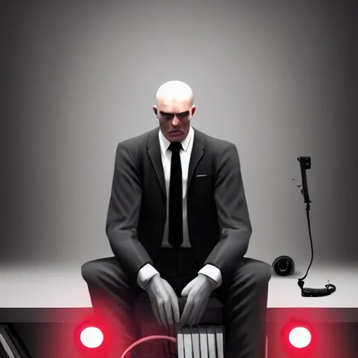 Image similar to a portrait of agent 4 7 from hitman wearing headphones, sitting in a room full of vinyl records, dark background, red rim light, highly detailed, digital art, artstation, concept art