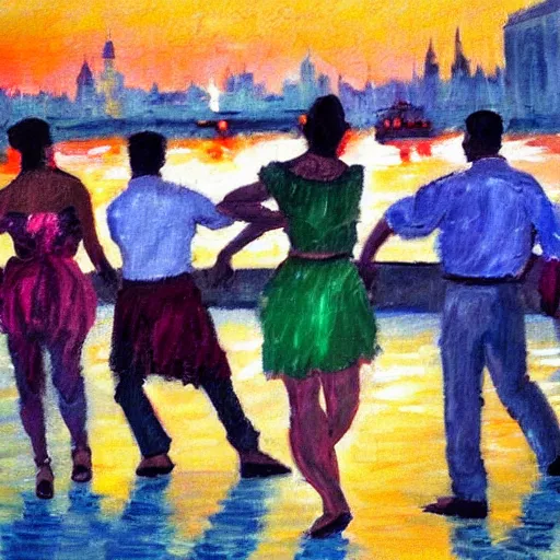 Image similar to impressionist painting of salsa dancers near the seine at sunset