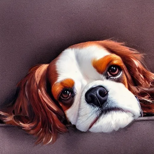 Image similar to a cavalier king charles spaniel who is really bored, tired, lying on a sofa with pillows, oil on canvas, by artgerm and greg rutkowski