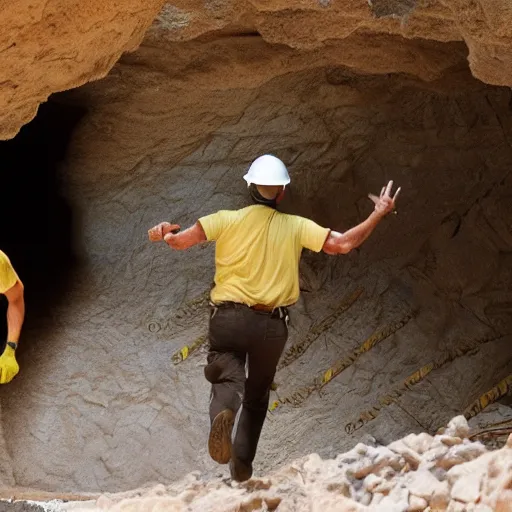 Image similar to indiana jones running away from a construction worker in a cave