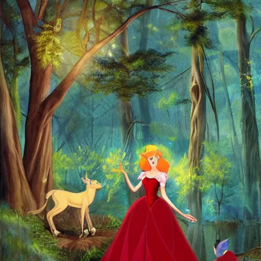 Image similar to A detailed painting of Princess Aurora singing in the woods while animals look on. The colors are light and airy, with a hint of mystery in the shadows. The overall effect is dreamlike and fairy-tale like. warm red, Prada by Leiji Matsumoto control the soul, fantastic