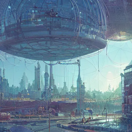 Image similar to A city trapped in a giant transparent dome, bubbles, cinematic lighting, insanely detailed, intricate, artstation, cgsociety, painted by Simon Stalenhag, concept art, illustration, sharp focus,