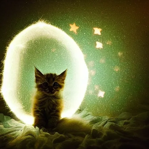 Image similar to !dream Photo of a cute extremely fluffy kitten playing with light double exposed with stars. Light painting. Bokeh. Whimsical. Magical.