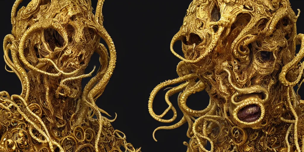 Prompt: a photo of 8k ultra realistic close up of the beautiful face of a corrupted lovecraftian golden humanoid queen, 8 intricate white and gold tentacles, ornate white and gold armour, cinematic lighting, trending on artstation, 4k, hyperrealistic, focused, high details, unreal engine 5, cinematic, masterpiece