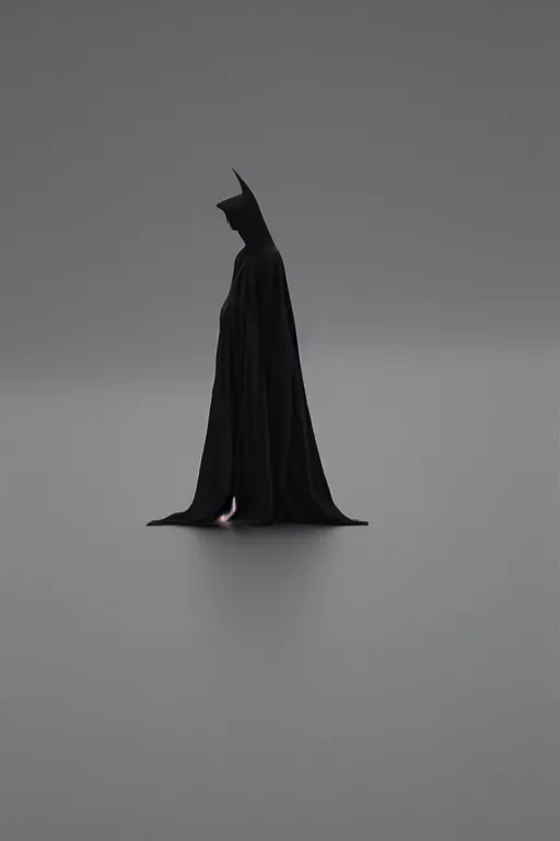 Image similar to a girl wearing long futuristic dark cloak by yohji yamamoto standing in a shadow of the moon light, sense of mystery, muted colors, simple shapes, long shot, full shot, by bill henson, by gregory crewdson, golden ratio, perfect composition, dramatic, fine detail, intricate, octane render, 8 k