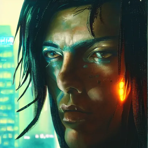 Image similar to cyberpunk, closeup portrait of a washed up cyberpunk hacker, dramatic light, city background, sunset, dystopian setting, high contrast, sharp, neuromancer, henry dorsett case, painted by stanley lau, painted by greg rutkowski, painted by stanley artgerm, digital art, trending on artstation