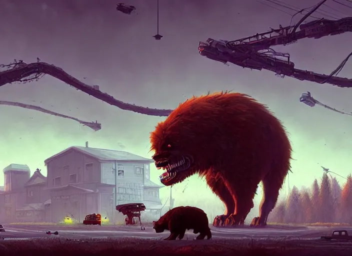 Image similar to giant monstrous aggressive furry creature lurking over a cowering smaller creature, in the foreground a small town, epic science fiction horror digital matte painting by Simon Stalenhag and Mark Brooks, extremely detailed, artstation