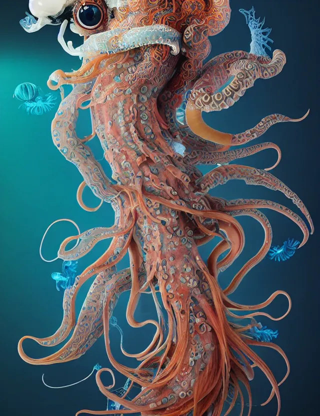 Prompt: 3 d goddess squid half - turn portrait with long hair with ram skull. beautiful intricately detailed japanese crow kitsune mask and clasical japanese kimono. betta fish, jellyfish phoenix, bio luminescent, plasma, ice, water, wind, creature, artwork by tooth wu and wlop and beeple and greg rutkowski