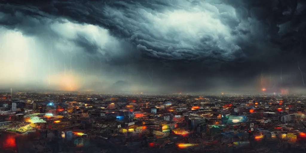 Prompt: long exposure photograph of severe weather storms above an Beautiful Orwellian City, Islamabad, detailed textures, hyper realistic, vibrant colors, cinematic lighting, graffiti art style, climate change, digital art painting by greg rutkowski and RIdley Scott, cinematic, concept art, 35mm grain filter, artstation