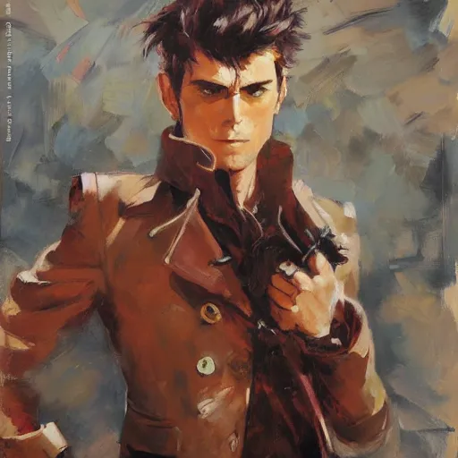 Prompt: corto maltese in jojo pose, oil on canvas by ruan jia