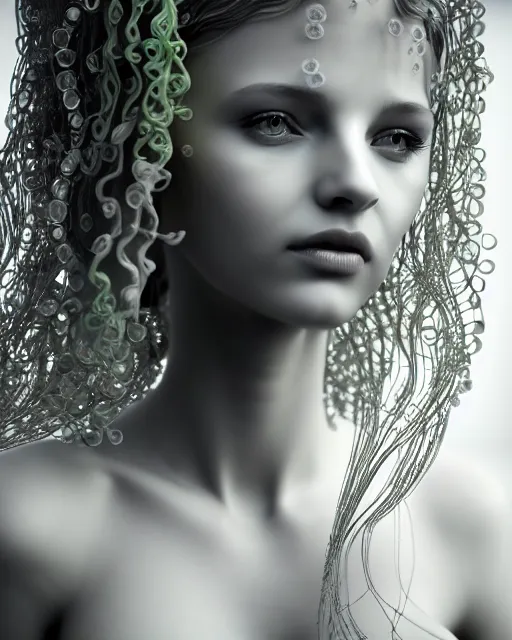 Image similar to mythical dreamy underwater artistic black and white 3 d render of a translucent beautiful young female angelic - medusa - vegetal - doll, highly detailed, intricate crystal ivy jelly ornate, poetic, translucent algae ornate, digital art, octane render, 8 k artistic photography, photo - realistic, hg giger flora borsi