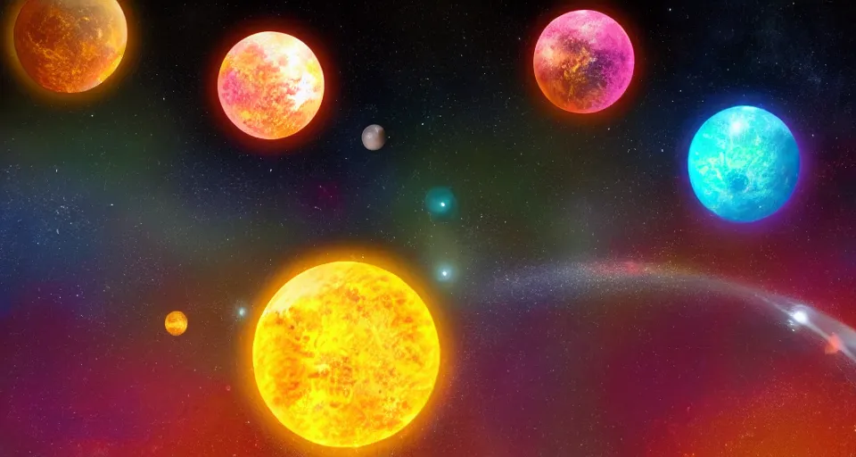 Image similar to award - winning realistic large planet made of light colourful gas, light colourful bright stars