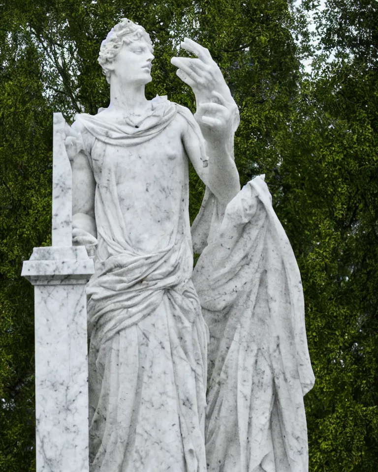 Image similar to an idealistic marble gothic cemetery statue, made of flowers, made of mist, full frame