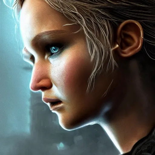 Image similar to jennifer lawrence portrait, dystopia core, apocalyptic, armor, warrior, dramatic, sharp focus, fiction, neon, fantasy, hyper detailed, digital art, trending in artstation, cinematic lighting, studio quality, smooth render, unreal engine 5 rendered, octane rendered, art style and nixeu and wlop and krenz cushart