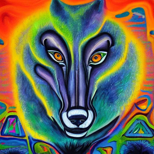 Prompt: an anthromorphic wolf robot using crack, by amanda clark in a psychedelic style, oil on canvas