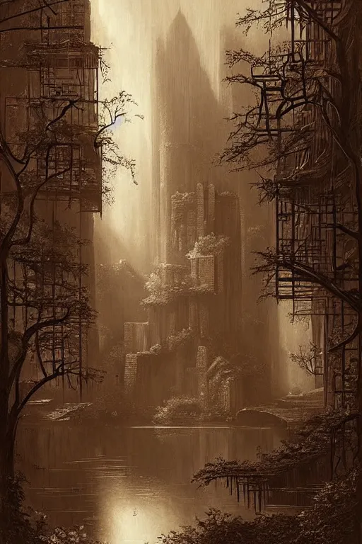 Image similar to (((((a ramshackle manhattan brick brownstone deep in the forest))))) by Raphael Lacoste!!!!!!!!!!!!!!!!!!!!!!!!!!!