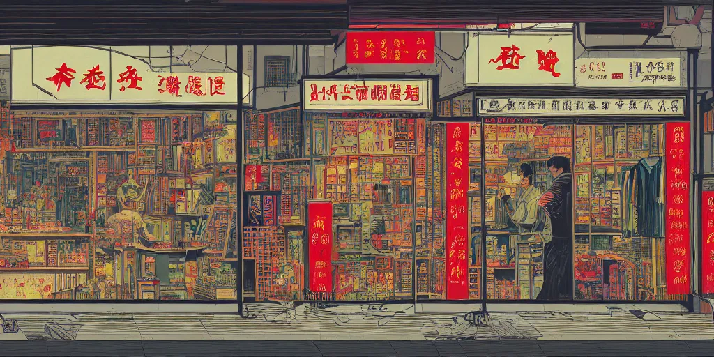 Image similar to a shop window in hong kong, by dan mumford and peter doig and edward hopper, minimal, black in, thick lines highly detailed, muted colours, overlaid with chinese adverts, 8 k