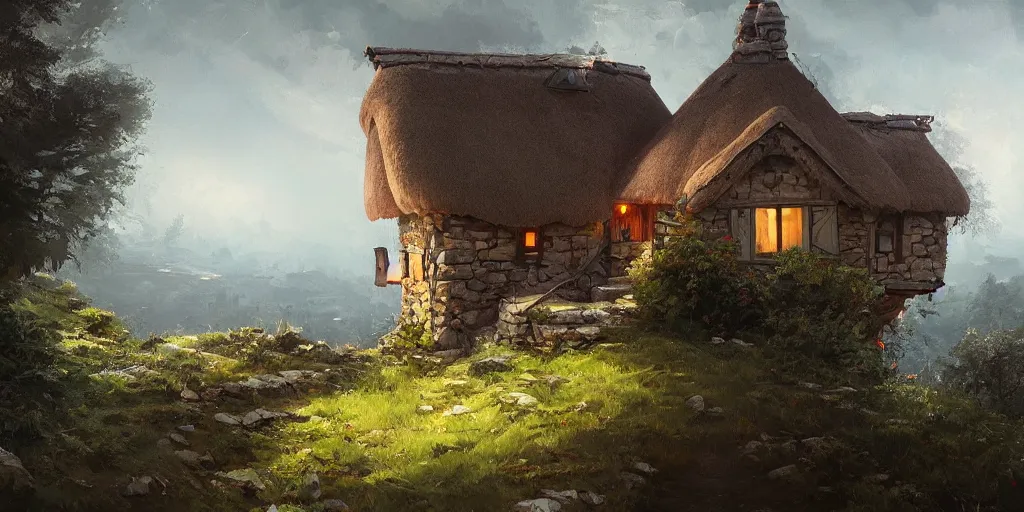 Prompt: a cottage on top of a steep hill, greg rutkowski, zabrocki, karlkka, jayison devadas, trending on artstation, 8 k, ultra wide angle, zenith view, pincushion lens effect