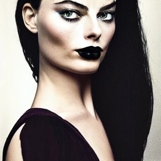 Image similar to a masterpiece portrait photo of a beautiful young woman who looks like a goth margot robbie, symmetrical face