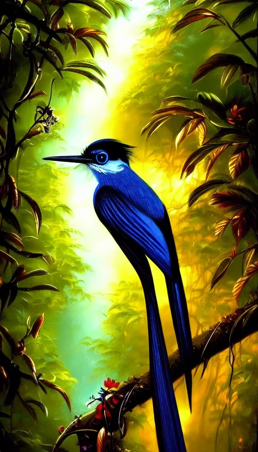 Image similar to paradise flycatcher, lush forest, gold, gems, dramatic lighting, waterfall, denoised, gothic architecture, baroque, painted by the best artists of artstation, best art in the world