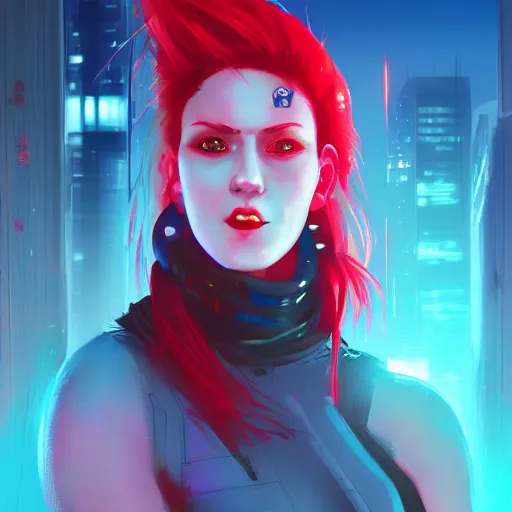 Image similar to a girl with red hair and blue eyes, cyberpunk, rooftop, teal neon lights, highly detailed, digital painting, artstation, concept art, sharp focus, illustration