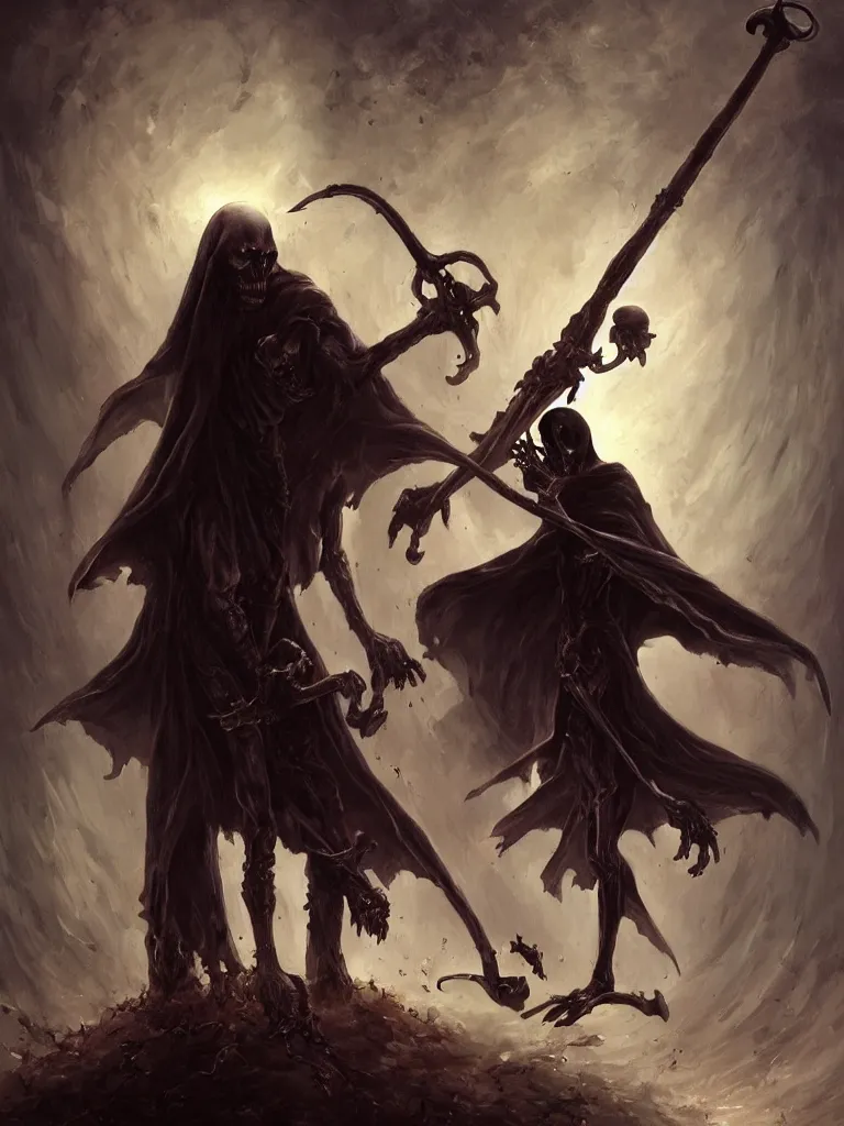 Image similar to the grim reaper pulling the soul out of a humanoid mushroom. Epic dark fantasy horror stylized oil painting by Ivan Shiskin. Trending on artstation