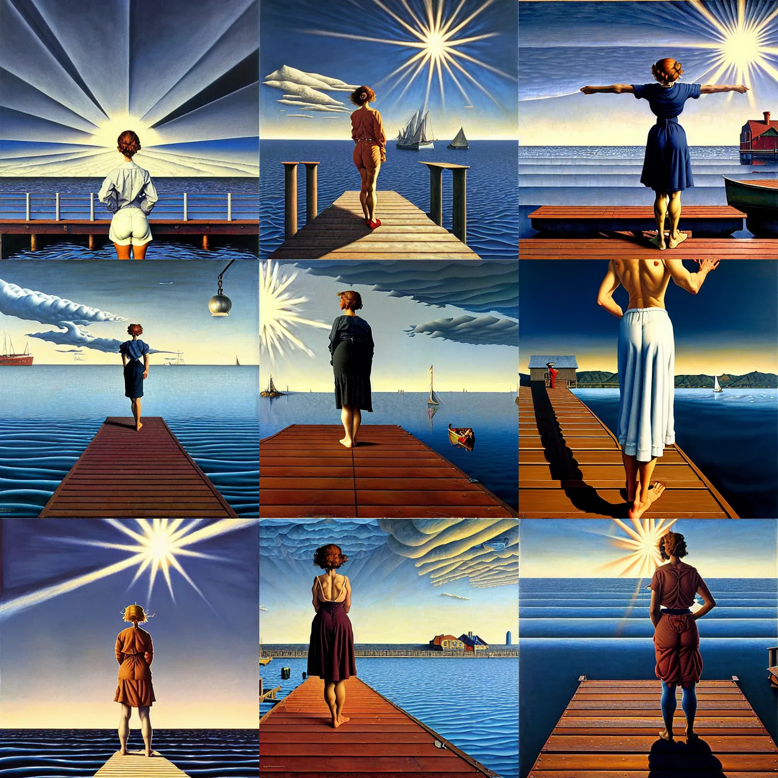 Prompt: a woman standing on a dock by rob gonsalves and brom and norman rockwell and lucian freud, hyperrealism, precisionism, art deco, surrealist, chiaroscuro, sunburst behind woman, highly detailed