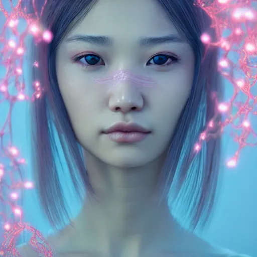 Image similar to intricate highly detailed face portrait of asian - european woman, light blue - pink water vines on her face, intricate, cgsociety, unreal engine, octane render, sharp focus, smooth, volumetric lighting, cinematic composition, artstation