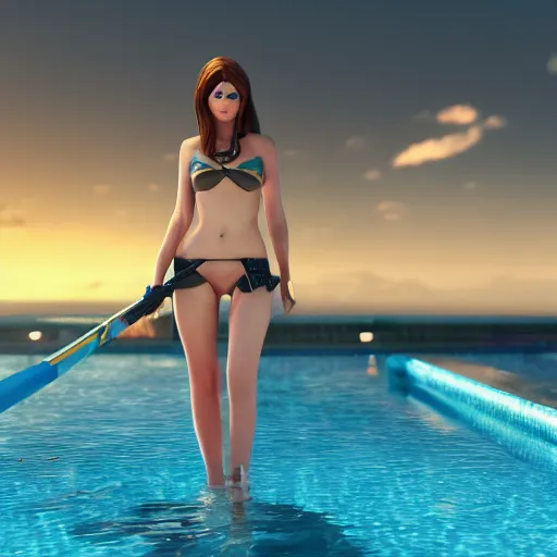 Prompt: pool party Caitlyn (League of Legends) starting into the caribbean horizon . hyperreal 3d octane render 8k