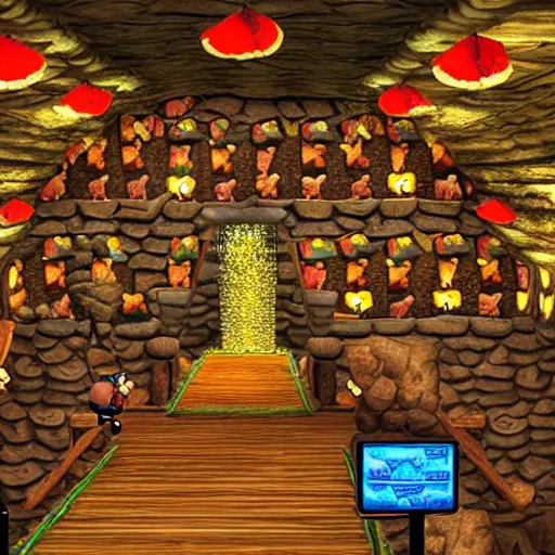 Image similar to Donkey Kong in a beautiful mine, with crystals on the walls.