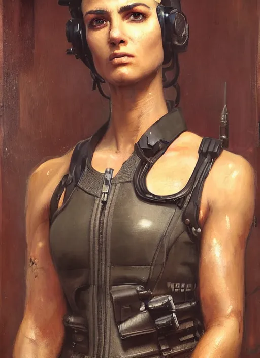 Image similar to Nikki. cyberpunk female USN marine wearing a military vest and powerful military cyberpunk exo-suit (cyberpunk 2077, bladerunner 2049). gorgeous face. Iranian orientalist portrait by john william waterhouse and Edwin Longsden Long and Theodore Ralli and Nasreddine Dinet, oil on canvas. Cinematic, hyper realism, realistic proportions, dramatic lighting, high detail 4k