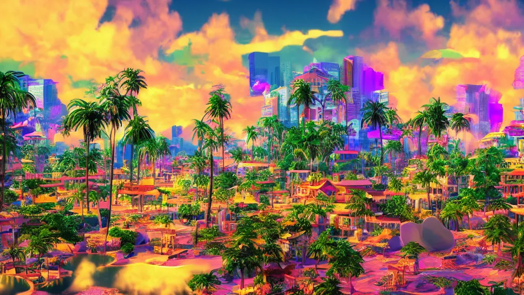 Image similar to golden village in a vaporwave jungle, 4k, ultra realistic, award winning photograph