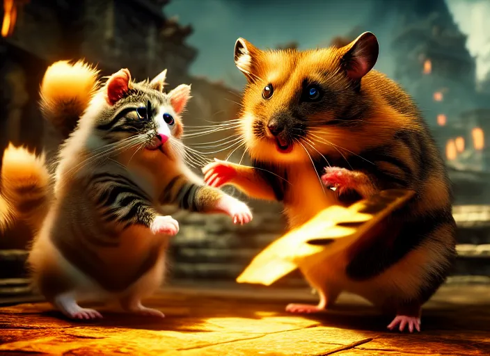 Image similar to hamster fights a cat in mortal kombat on the background of a laughing shao khan. fantasy magic style. highly detailed 8 k. intricate. lifelike. soft light. sony a 7 r iv 5 5 mm. unreal engine with nanite and path tracing