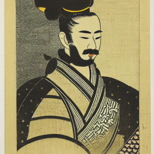 Image similar to portrait of japnese emperor hirohito, japanese woodblock print