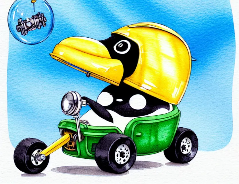 Image similar to cute and funny, penguin wearing a helmet riding in a tiny hot rod with an oversized engine, ratfink style by ed roth, centered award winning watercolor pen illustration, isometric illustration by chihiro iwasaki, edited by range murata, tiny details by artgerm and watercolor girl, symmetrically isometrically centered, sharply focused