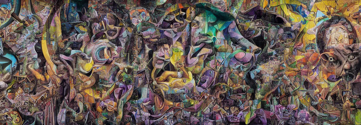 Image similar to Mural of raising AI art by Chor Boogie and Salvador Dali and M. C. Escher collaboration, digital art, mix of aesthetics, close up, high details