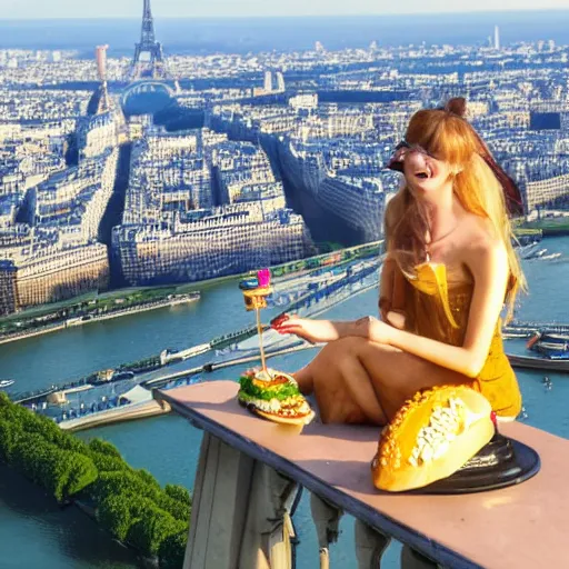 Image similar to a mermaid eating a burger on the top of the Eiffel Tower